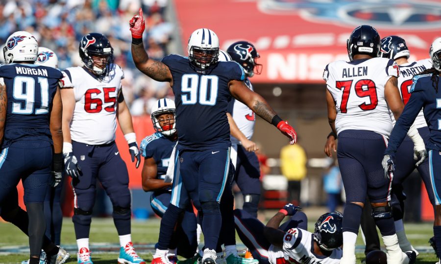 NASHVILLE, TN - DECEMBER 03:  DaQuan Jones #90 of the Tennessee Titans reacts against the Houston Texans during the first half at Nissan Stadium on December 3, 2017 in Nashville, Tennessee.  (Photo by Wesley Hitt/Getty Images)