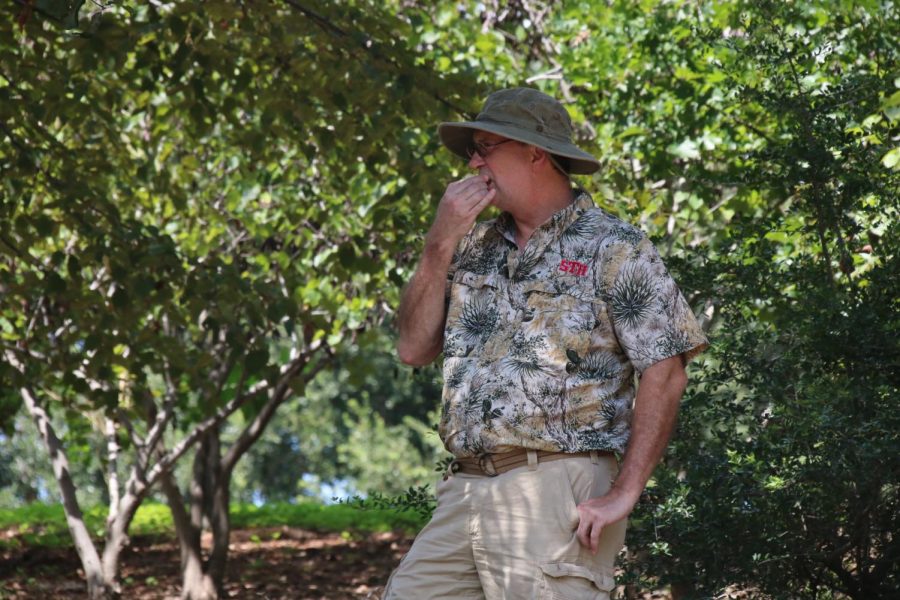 Mr. Cuneo watches the students as they walk around the bayou, while enjoying some fruit. Mr. Cuneo watched the students intently and meticulously.