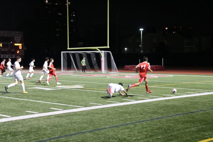 Freshman Bruno Castilla breaks past the defender looking to cross the ball in for a goal.